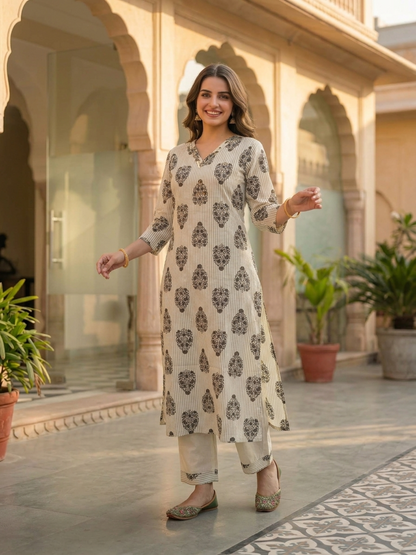 Off White Floral Cotton Kurta Set with Palazzo & Printed Dupatta