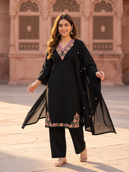 Black Cotton Kurta Set with Floral Embroidery, Salwar & Dupatta