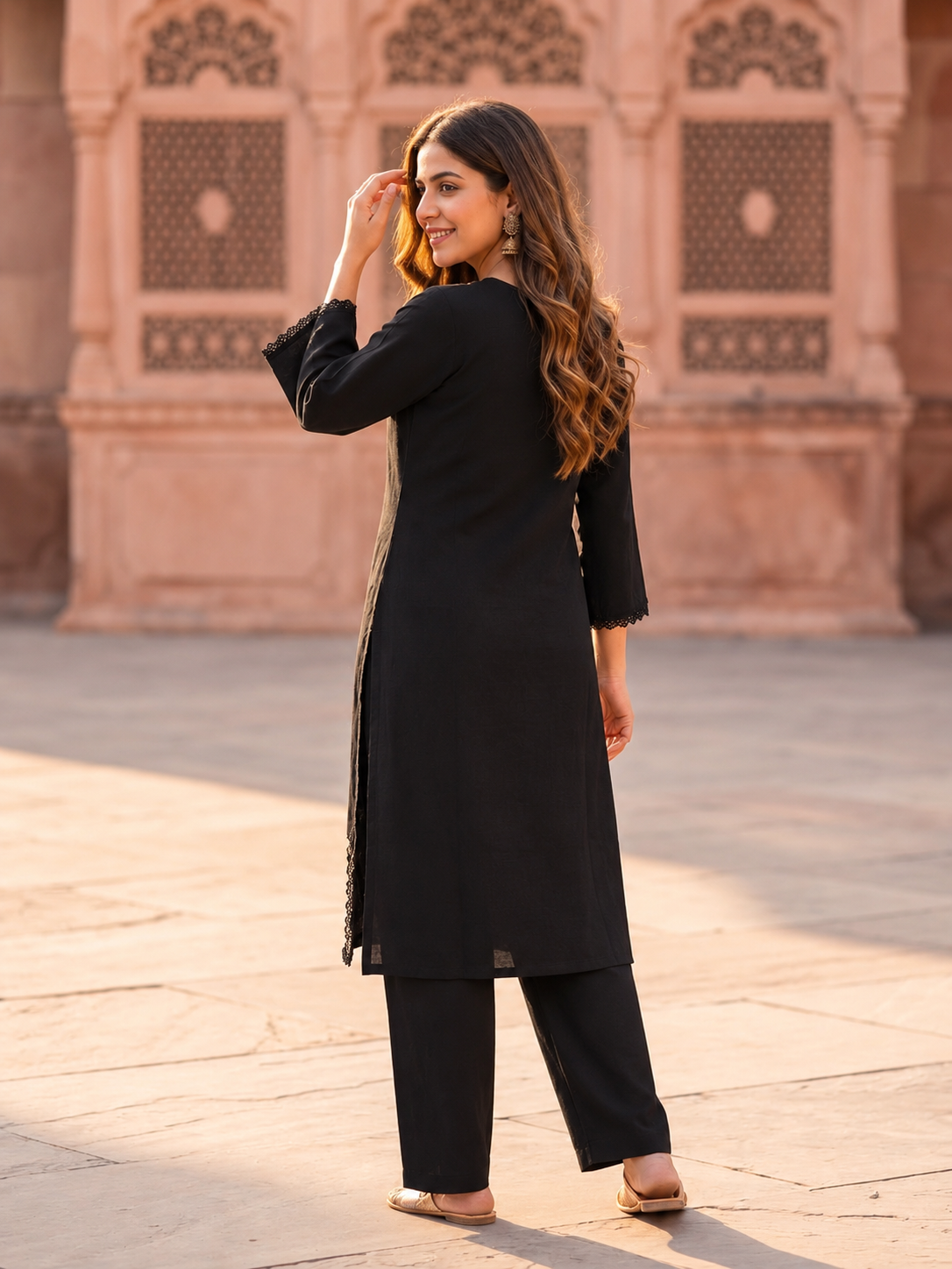 Black Cotton Kurta Set with Floral Embroidery, Salwar & Dupatta
