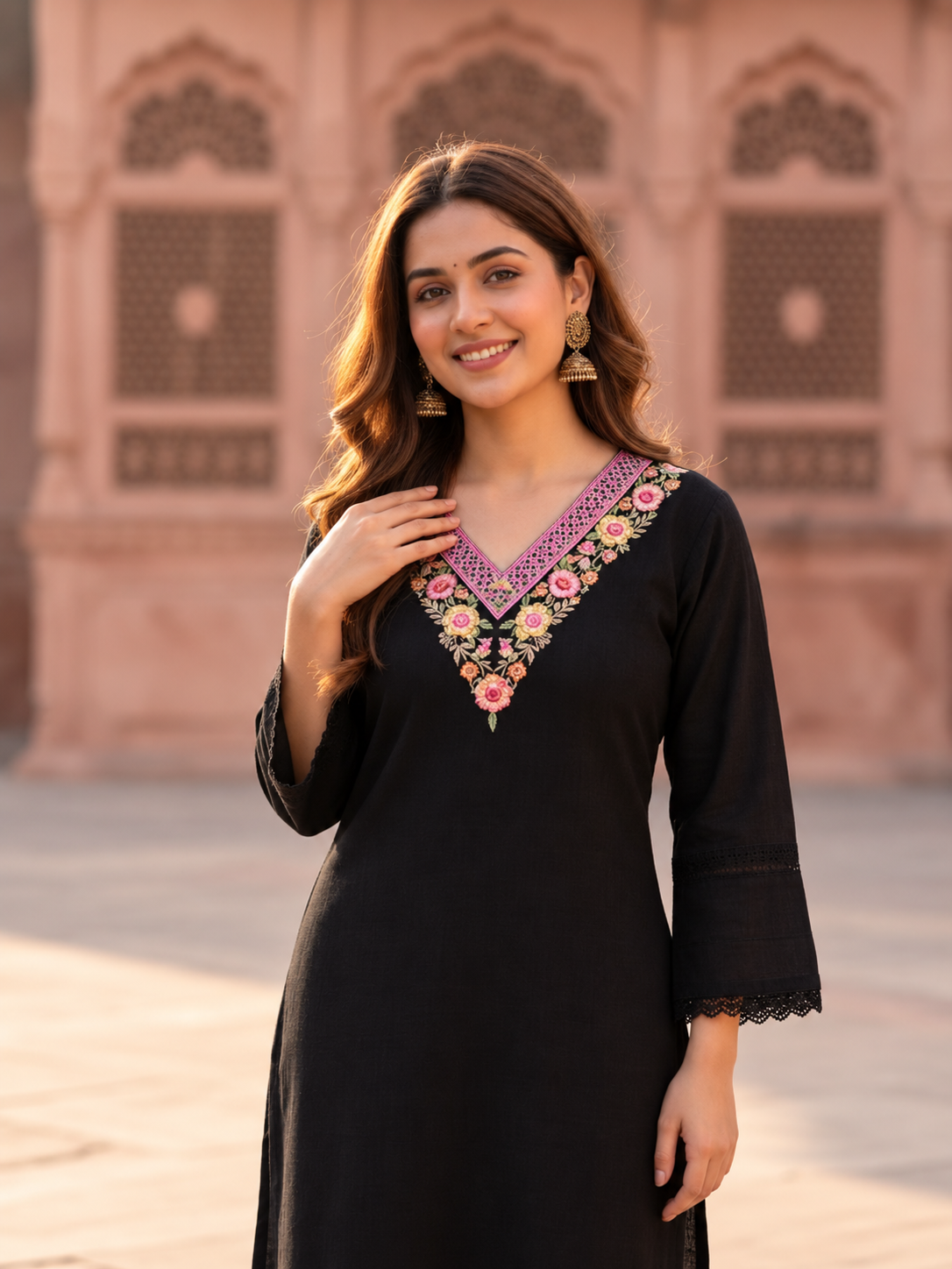 Black Cotton Kurta Set with Floral Embroidery, Salwar & Dupatta