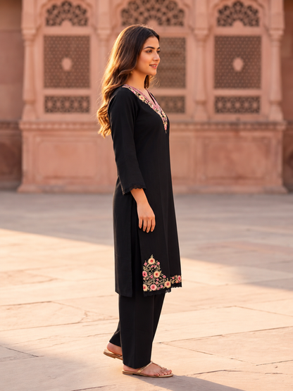 Black Cotton Kurta Set with Floral Embroidery, Salwar & Dupatta