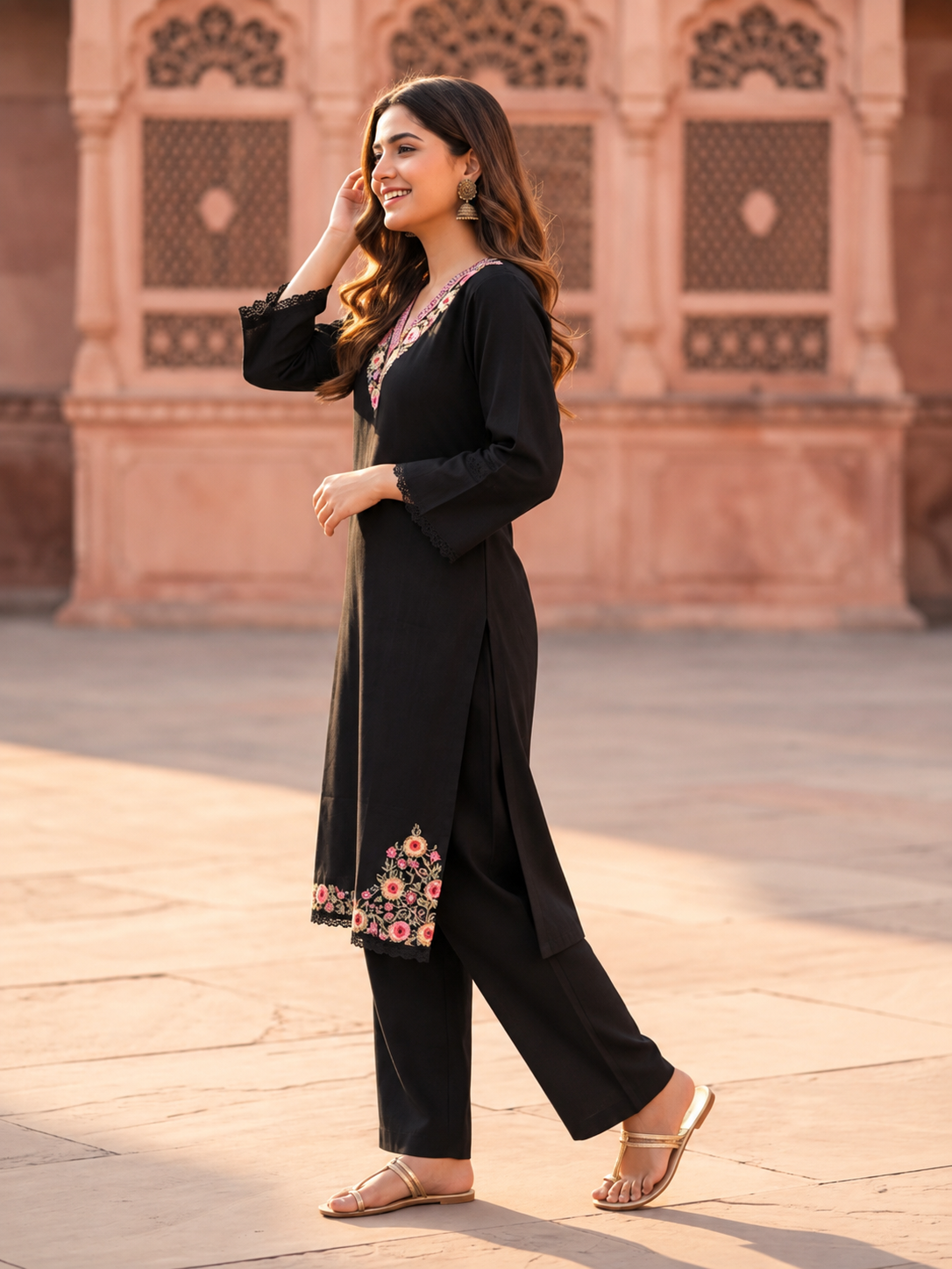 Black Cotton Kurta Set with Floral Embroidery, Salwar & Dupatta