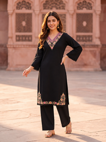 Black Cotton Kurta Set with Floral Embroidery, Salwar & Dupatta