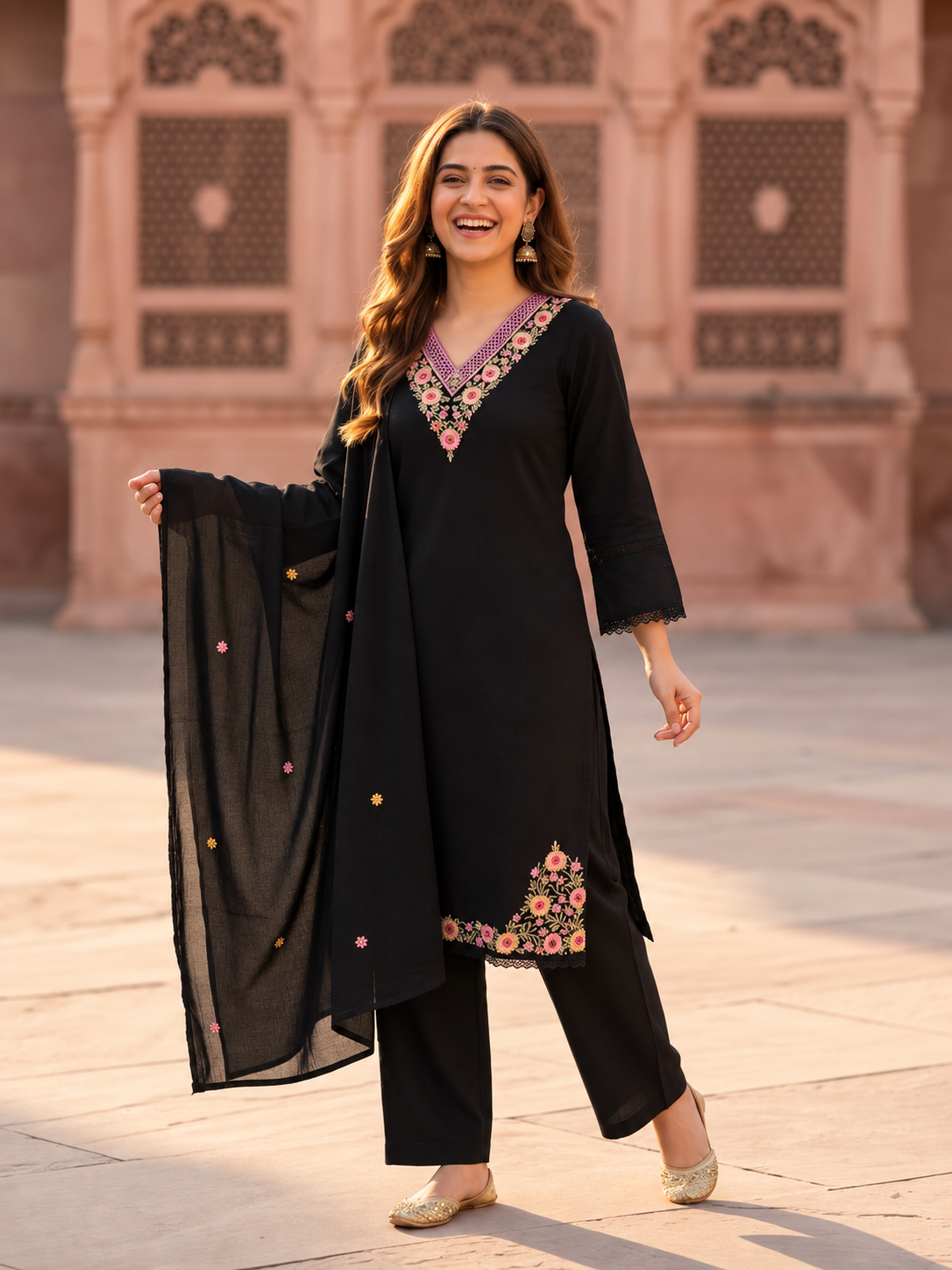 Black Cotton Kurta Set with Floral Embroidery, Salwar & Dupatta
