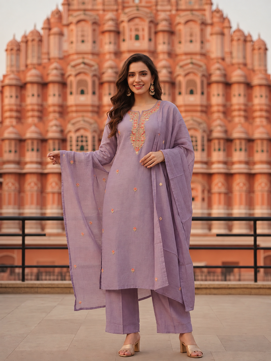 Lavender Silk Blend Kurta Set with Hand-Embroidered Yoke, Palazzo & Dupatta