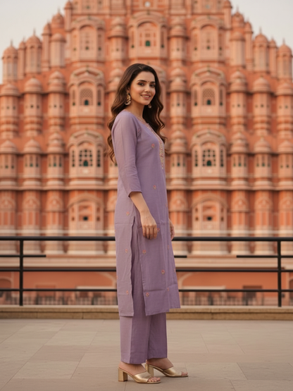 Lavender Silk Blend Kurta Set with Hand-Embroidered Yoke, Palazzo & Dupatta