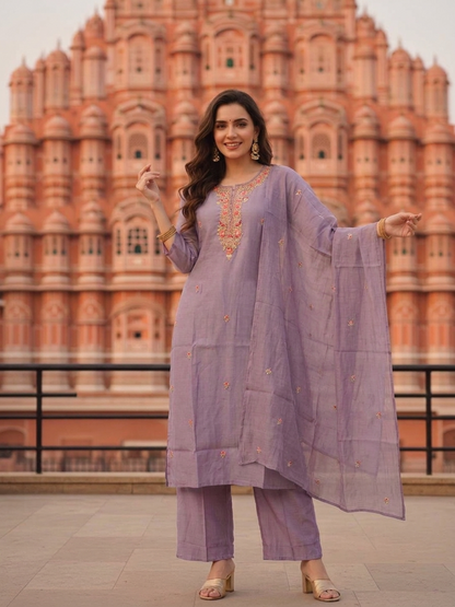 Lavender Silk Blend Kurta Set with Hand-Embroidered Yoke, Palazzo & Dupatta