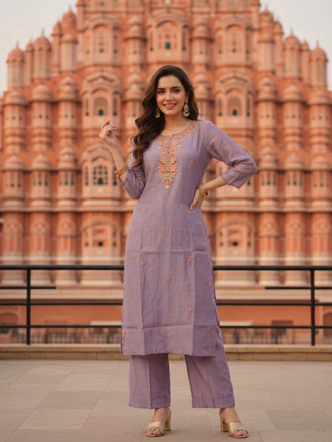Lavender Silk Blend Kurta Set with Hand-Embroidered Yoke, Palazzo & Dupatta