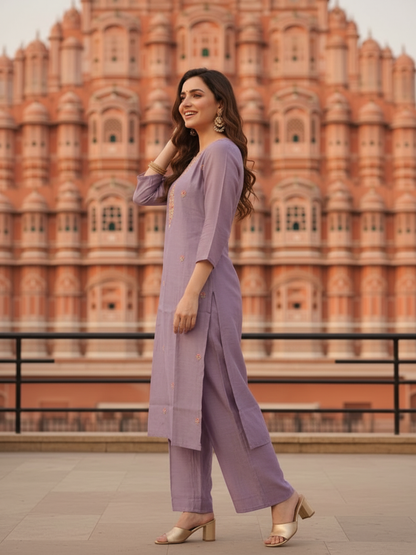 Lavender Silk Blend Kurta Set with Hand-Embroidered Yoke, Palazzo & Dupatta