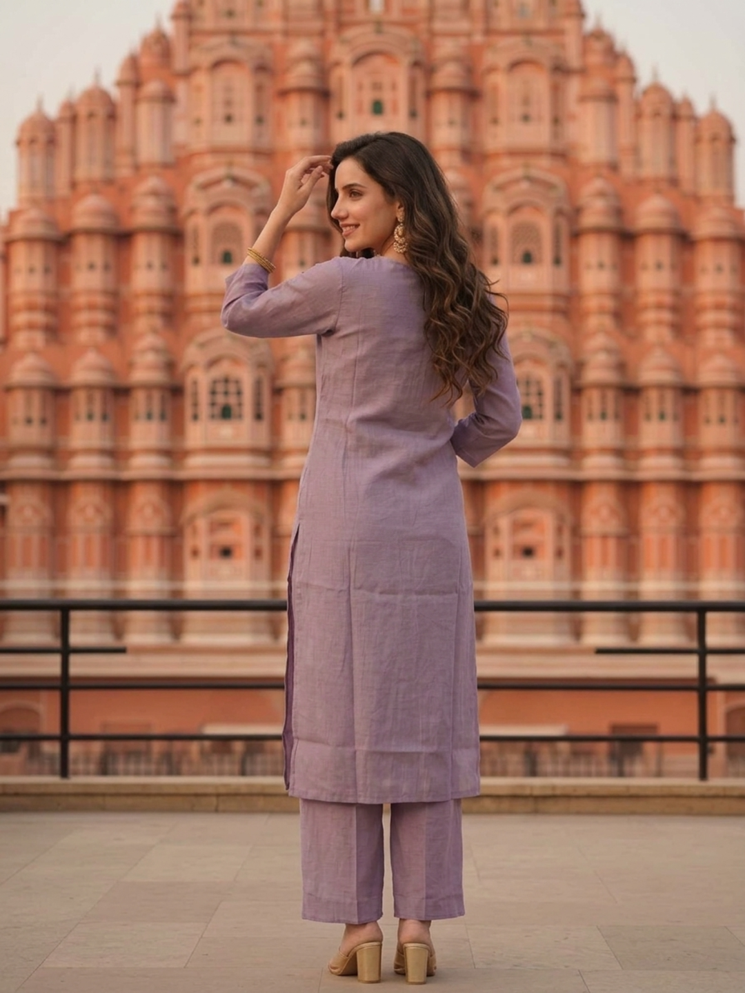 Lavender Silk Blend Kurta Set with Hand-Embroidered Yoke, Palazzo & Dupatta