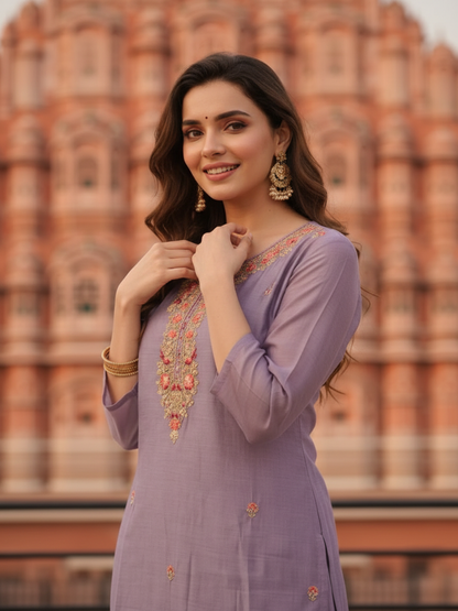 Lavender Silk Blend Kurta Set with Hand-Embroidered Yoke, Palazzo & Dupatta
