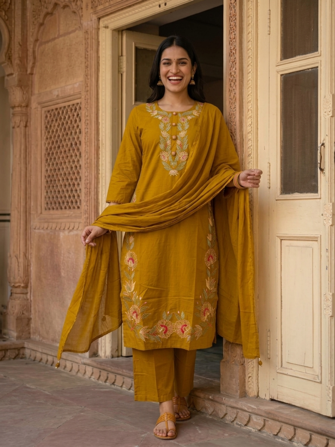 Mustard Yellow Cotton Kurta Set with Floral Embroidery, Palazzo & Tassel Dupatta