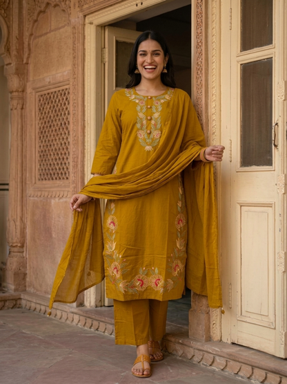 Mustard Yellow Cotton Kurta Set with Floral Embroidery, Palazzo & Tassel Dupatta