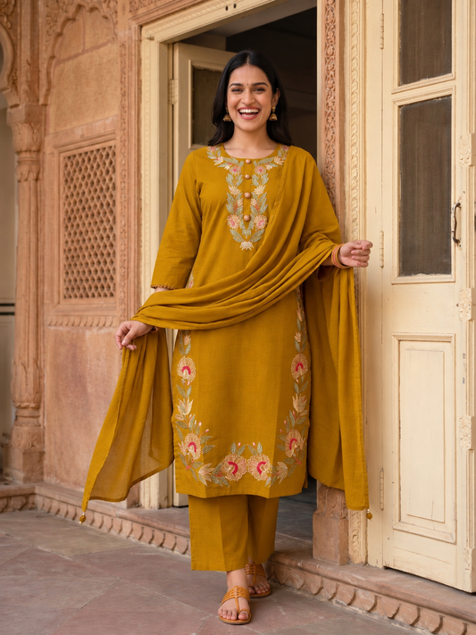 Mustard Yellow Cotton Kurta Set with Floral Embroidery, Palazzo & Tassel Dupatta