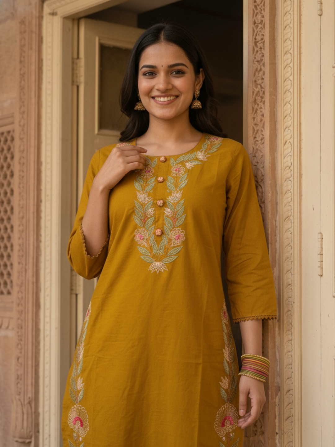 Mustard Yellow Cotton Kurta Set with Floral Embroidery, Palazzo & Tassel Dupatta