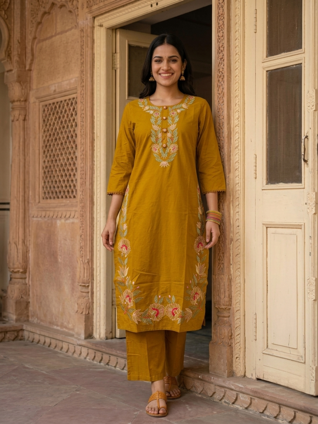 Mustard Yellow Cotton Kurta Set with Floral Embroidery, Palazzo & Tassel Dupatta