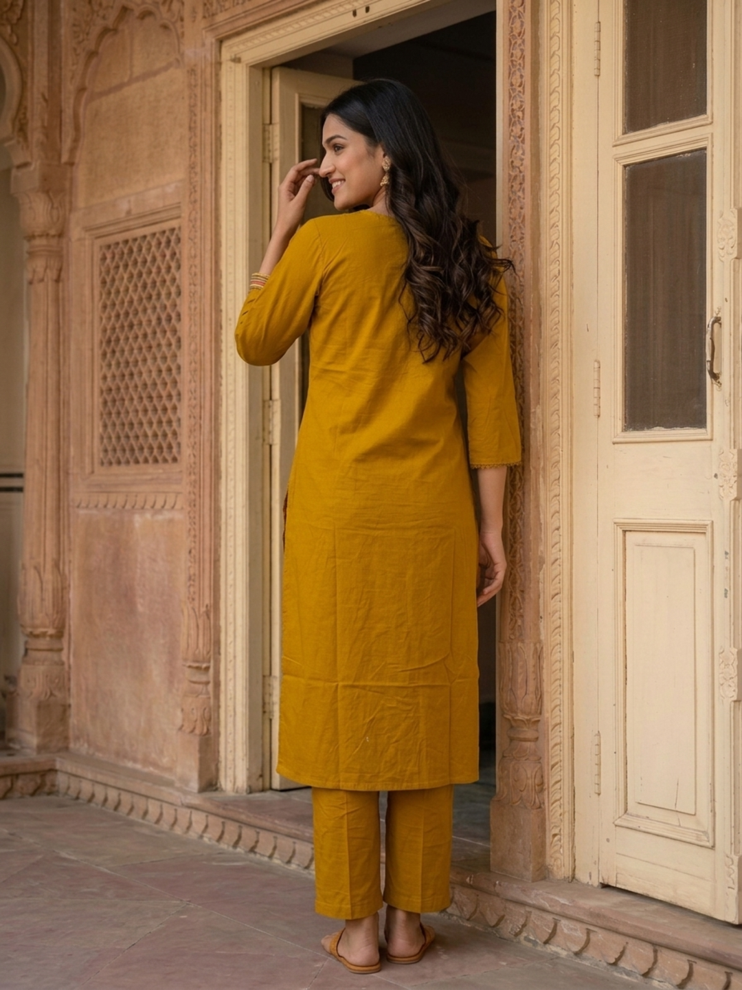 Mustard Yellow Cotton Kurta Set with Floral Embroidery, Palazzo & Tassel Dupatta