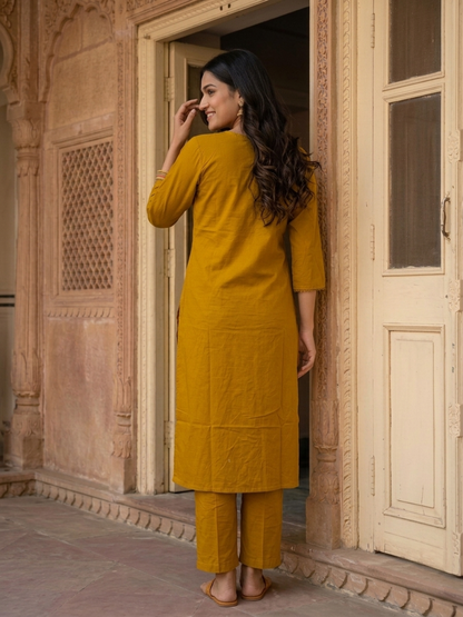 Mustard Yellow Cotton Kurta Set with Floral Embroidery, Palazzo & Tassel Dupatta