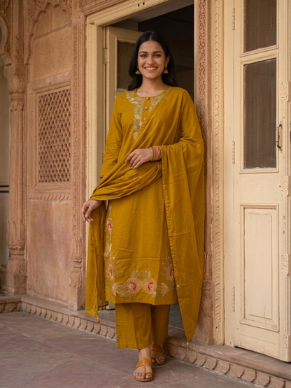 Mustard Yellow Cotton Kurta Set with Floral Embroidery, Palazzo & Tassel Dupatta