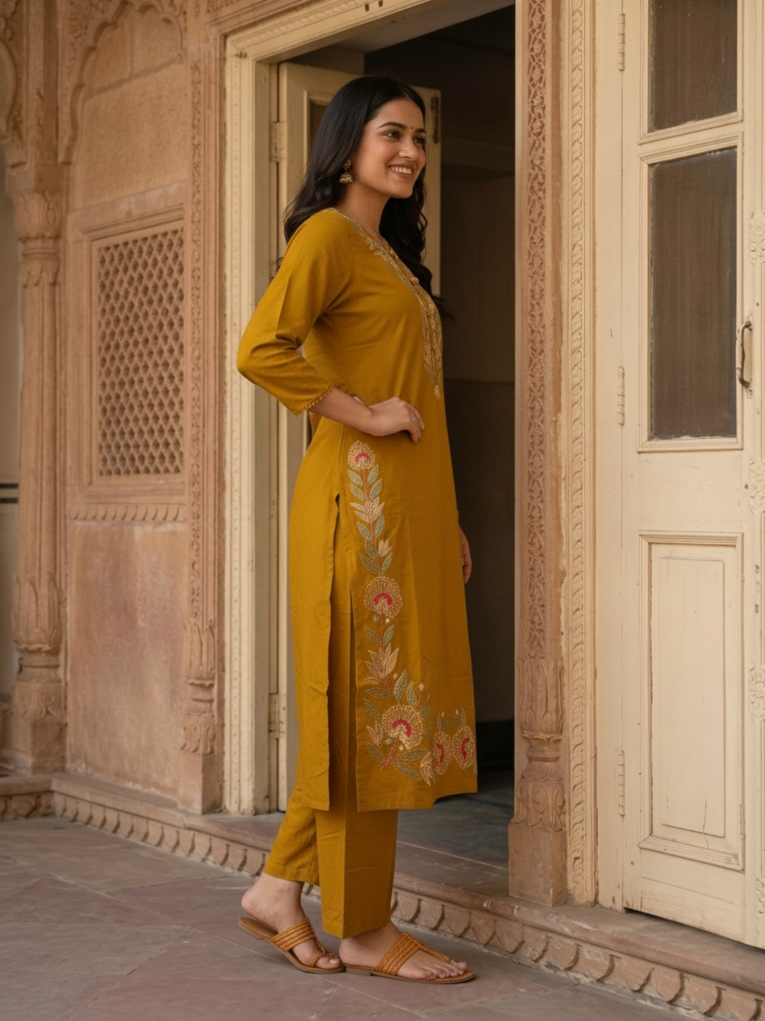 Mustard Yellow Cotton Kurta Set with Floral Embroidery, Palazzo & Tassel Dupatta