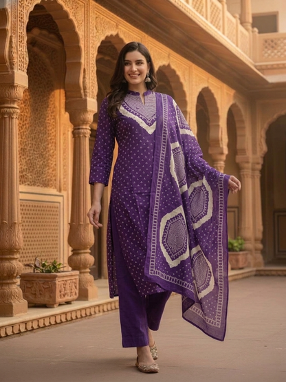 Purple Bandhani Cotton Kurta Set with Mirror Work, Pant & Dupatta