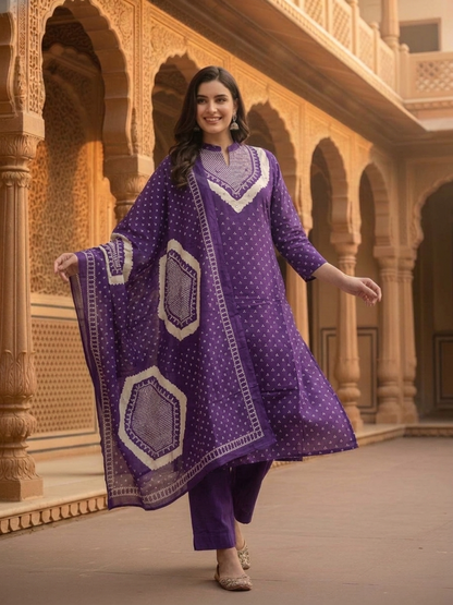 Purple Bandhani Cotton Kurta Set with Mirror Work, Pant & Dupatta