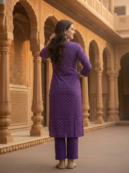 Purple Bandhani Cotton Kurta Set with Mirror Work, Pant & Dupatta