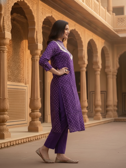Purple Bandhani Cotton Kurta Set with Mirror Work, Pant & Dupatta