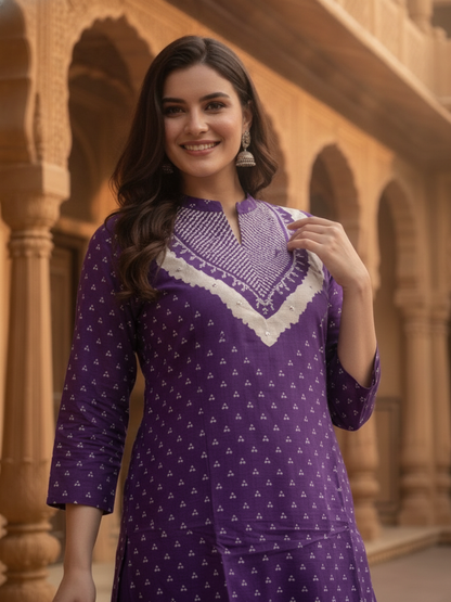 Purple Bandhani Cotton Kurta Set with Mirror Work, Pant & Dupatta