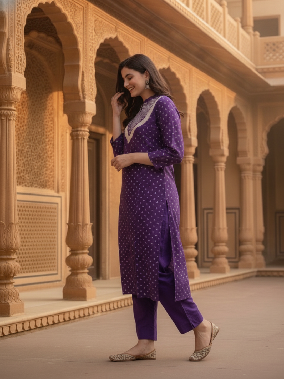 Purple Bandhani Cotton Kurta Set with Mirror Work, Pant & Dupatta