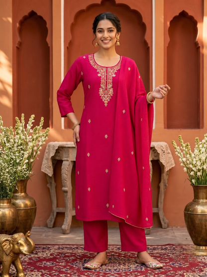 Rani Pink Silk Blend Kurta Set with Hand-Embroidered Yoke, Pant & Dupatta