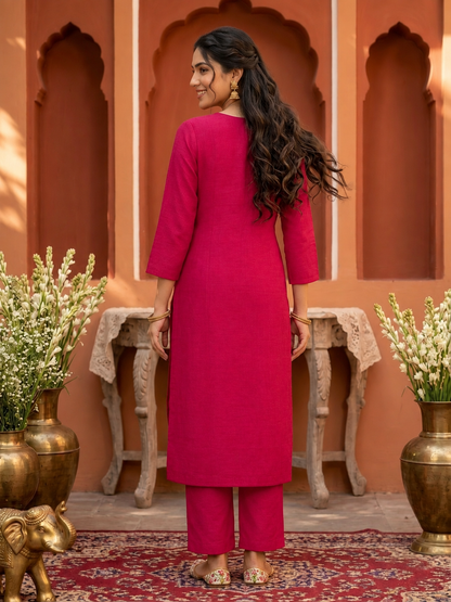 Rani Pink Silk Blend Kurta Set with Hand-Embroidered Yoke, Pant & Dupatta