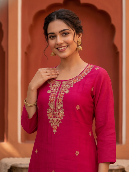 Rani Pink Silk Blend Kurta Set with Hand-Embroidered Yoke, Pant & Dupatta