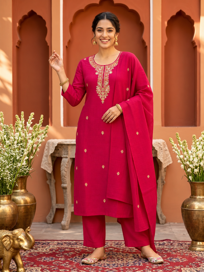 Rani Pink Silk Blend Kurta Set with Hand-Embroidered Yoke, Pant & Dupatta