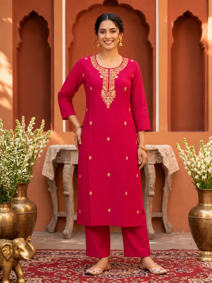 Rani Pink Silk Blend Kurta Set with Hand-Embroidered Yoke, Pant & Dupatta