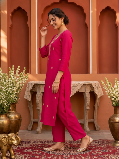 Rani Pink Silk Blend Kurta Set with Hand-Embroidered Yoke, Pant & Dupatta
