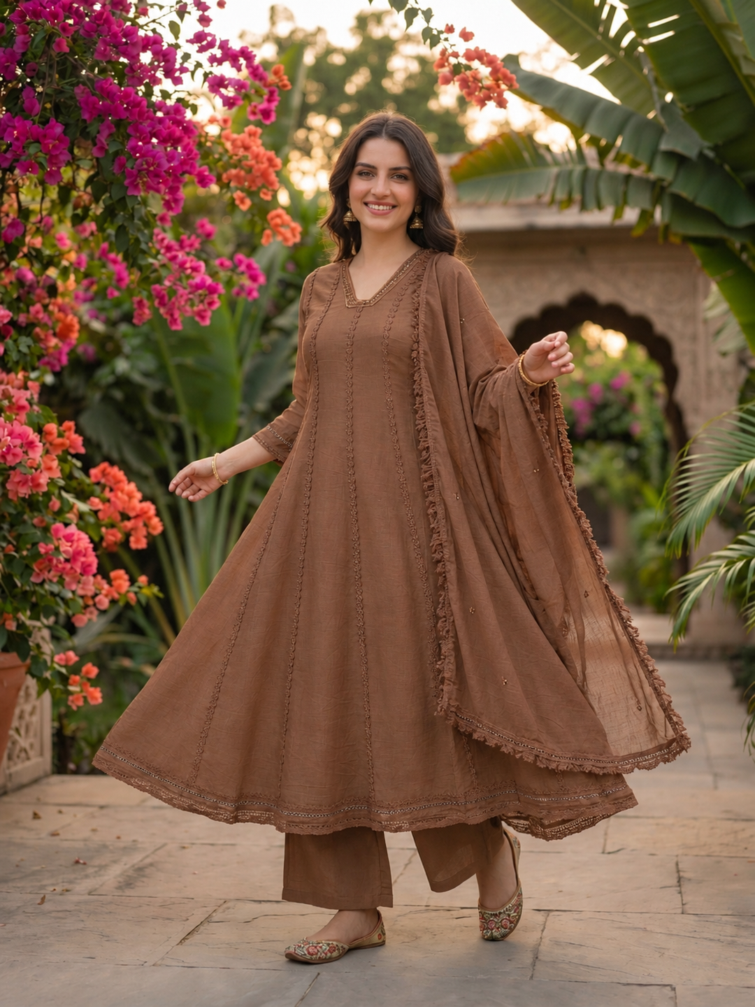 Brown Solid Floral Lace Work Cotton Anarkali Kurta Set - Front Close-Up