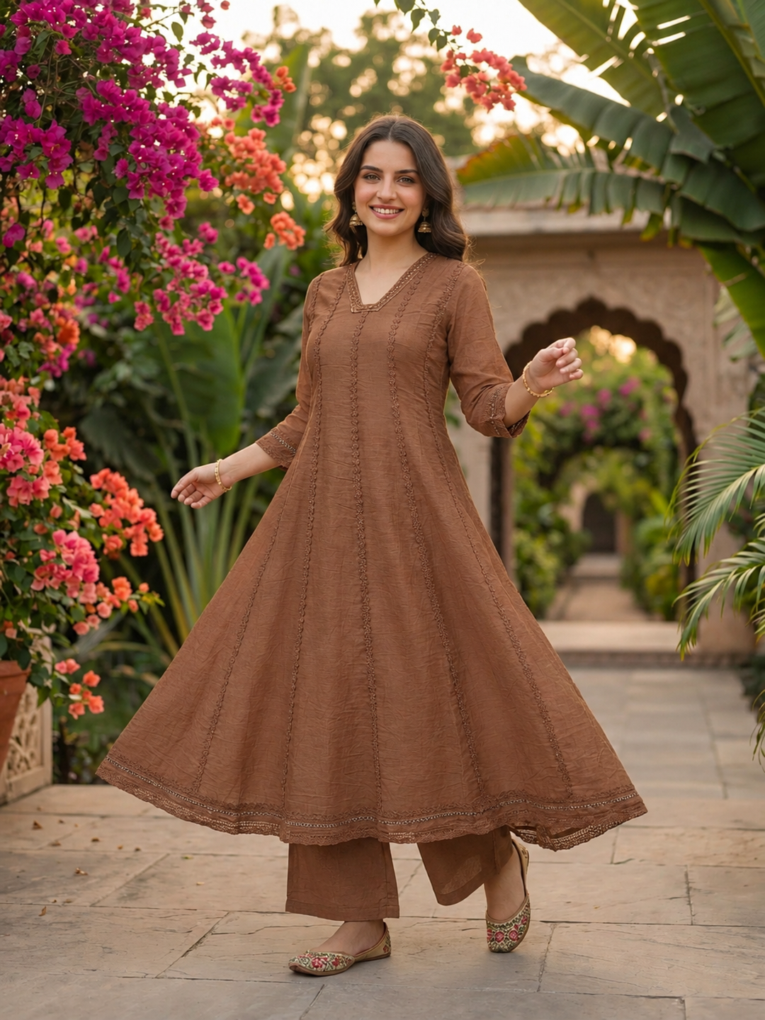 Brown Solid Floral Lace Work Cotton Anarkali Kurta Set with Palazzo and Dupatta - Full Look