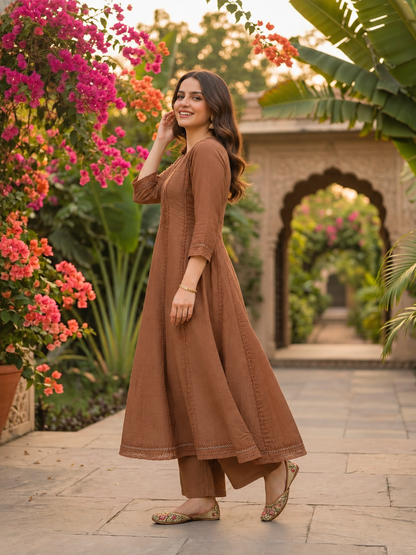 Brown Solid Floral Lace Work Cotton Anarkali Kurta Set - Side View with Palazzo