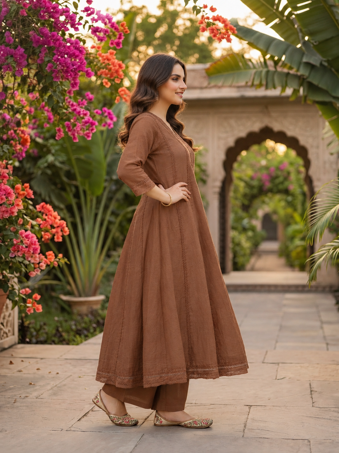 Brown Solid Floral Lace Work Cotton Anarkali Kurta Set - Front Full View