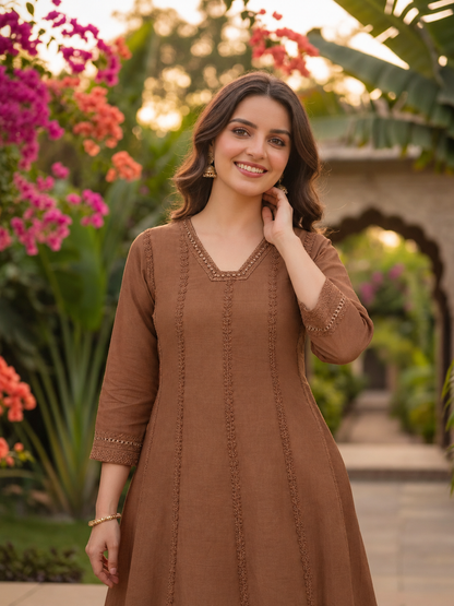 Brown Solid Floral Lace Work Cotton Anarkali Kurta Set - Back View