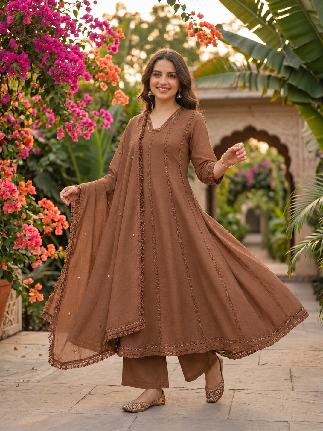 Brown Solid Floral Lace Work Cotton Anarkali Kurta Set with Dupatta - Full Set View