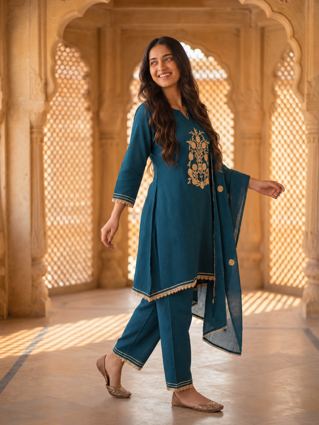 Side view of teal blue muslin silk A-line kurta set with trousers
