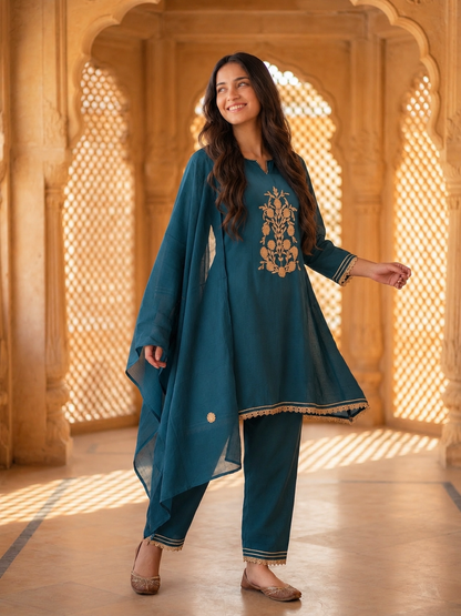 Teal blue embroidered kurta set styled with matching solid dupatta
