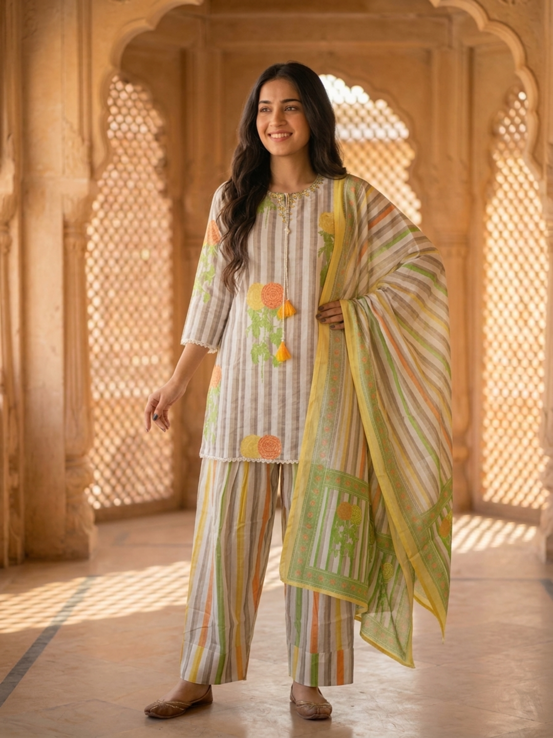 Multicolor Stripes and Floral Printed Embroidered Cotton Straight Kurta Set with Salwar and Dupatta