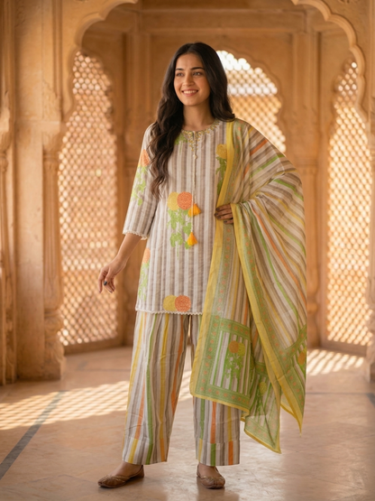 Multicolor Stripes and Floral Printed Embroidered Cotton Straight Kurta Set with Salwar and Dupatta