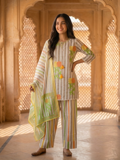 Multicolor Stripes and Floral Printed Embroidered Cotton Straight Kurta Set with Salwar and Dupatta