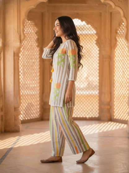 Multicolor Stripes and Floral Printed Embroidered Cotton Straight Kurta Set with Salwar and Dupatta