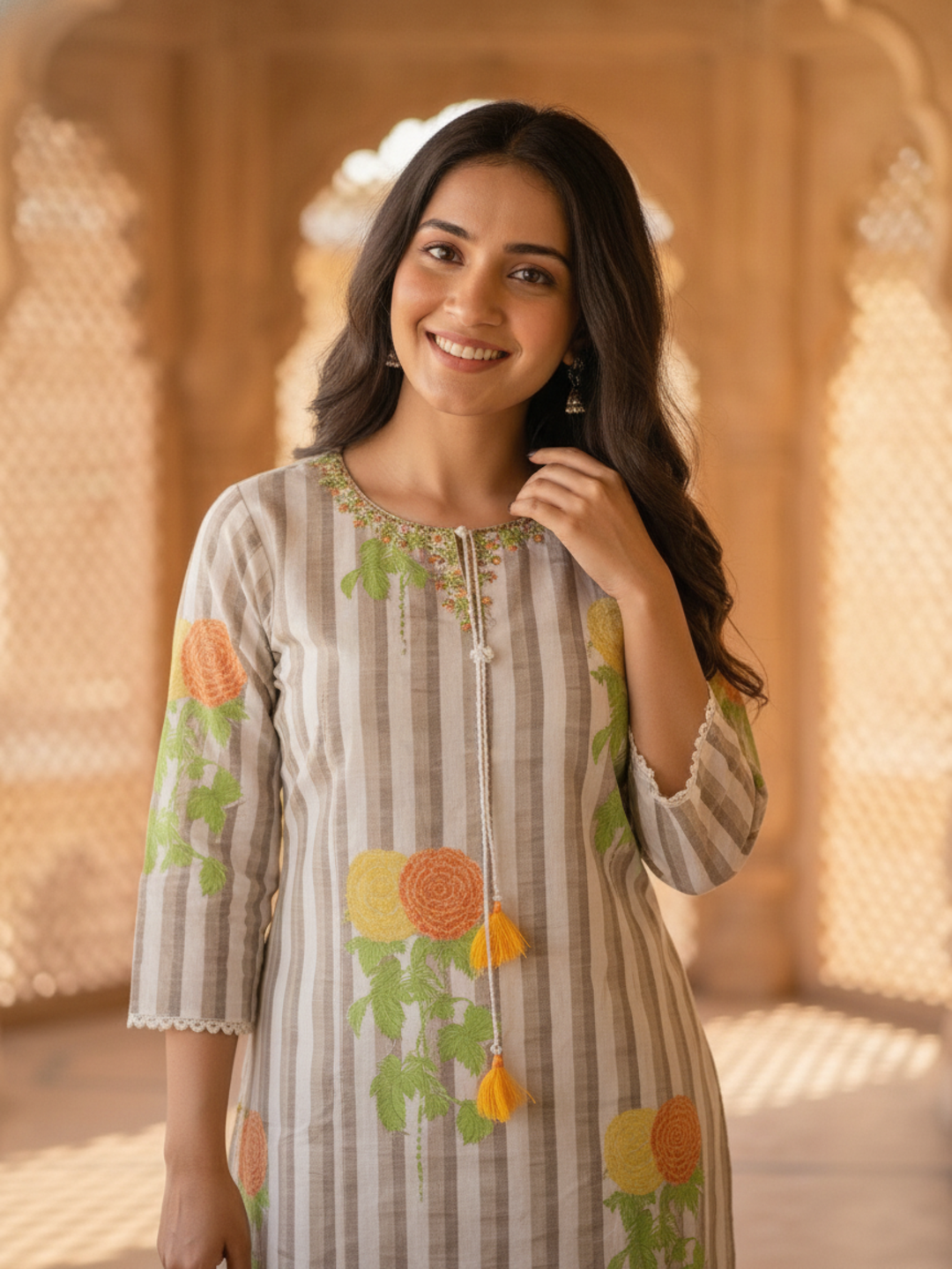 Multicolor Stripes and Floral Printed Embroidered Cotton Straight Kurta Set with Salwar and Dupatta