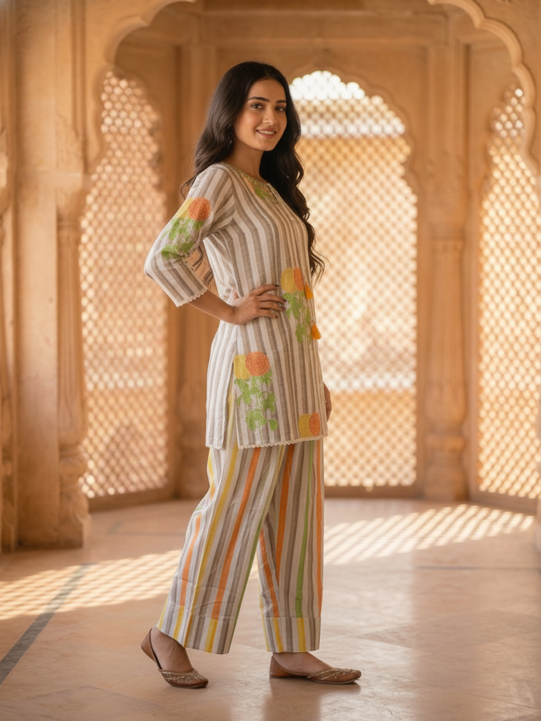Multicolor Stripes and Floral Printed Embroidered Cotton Straight Kurta Set with Salwar and Dupatta